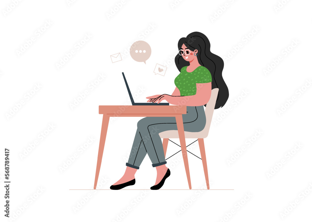 Young woman sits at desk and works,studying or freelancing on laptop from home Young woman sits at desk and works,studying or freelancing on laptop from home
