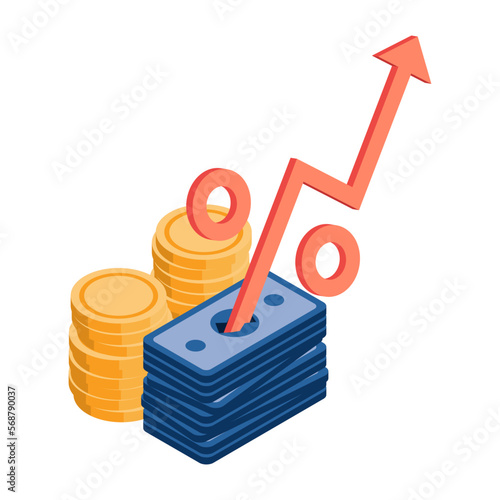 Isometric Rising Percent Symbol Out From Stack of Money