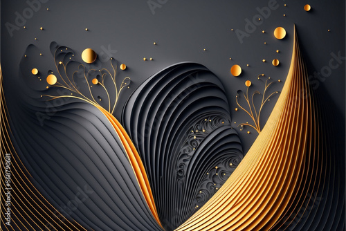 Abstract paper cut background with lines and leaves. Dark black and golden colors, Generative AL