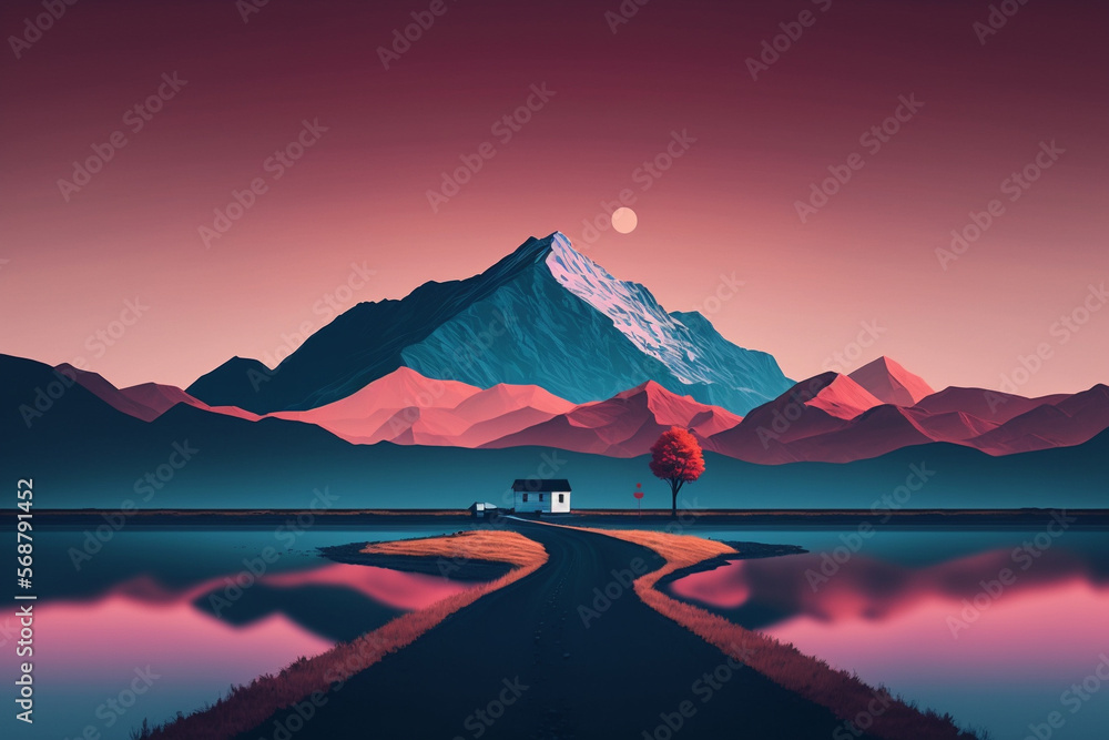 A minimalist landscape illustration in pastel colors, depicting a peaceful and serene atmosphere. Ai generated