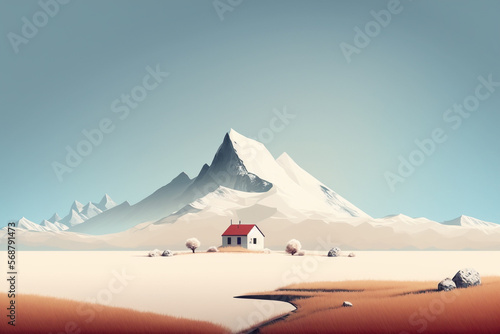 A minimalist landscape illustration in pastel colors  depicting a peaceful and serene atmosphere. Ai generated