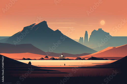 A minimalist landscape illustration in pastel colors  depicting a peaceful and serene atmosphere. Ai generated