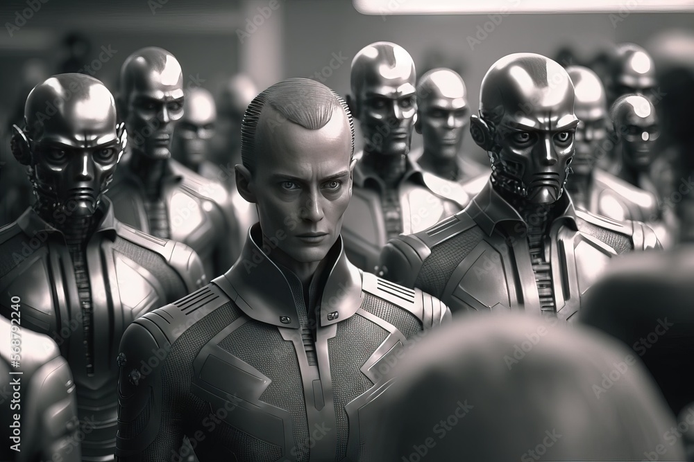 an android in a crowd of cyborgs - ai generated an android in a crowd of cyborgs - ai generated