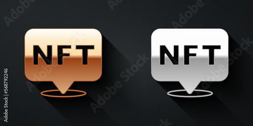 Gold and silver NFT Digital crypto art icon isolated on black background. Non fungible token. Long shadow style. Vector