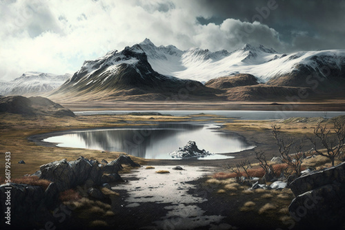 An illustration of an Icelandic landscape featuring a majestic mountain in the background and a tranquil river flowing in the foreground. Ai generated © twindesigner