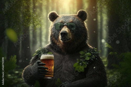Bear with a glass of beer in the forest. Generative AI photo