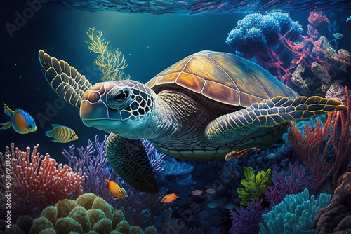 Turtle under water. Diving scene of turtle undersea. Generative AI