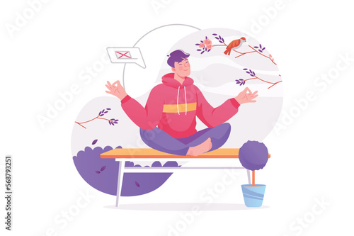 Digital detox concept with people scene. Happy man disconnected from internet and social media, meditates and sits in lotus position. Vector illustration with character in modern flat design for web