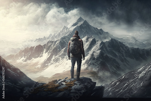 Man Reaching the Summit, man on top of a mountain. Ai generated