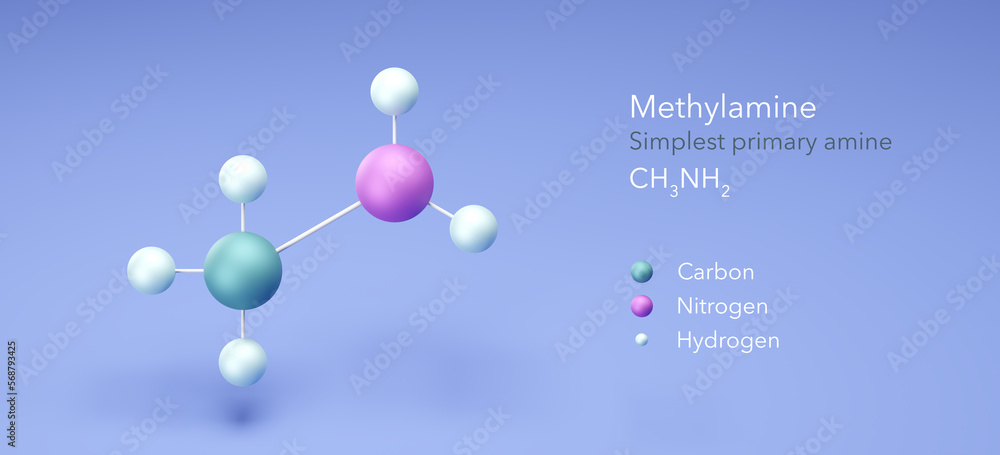 methylamine, molecular structures, ch3nh2, 3d model, Structural Chemical Formula and Atoms with Color Coding