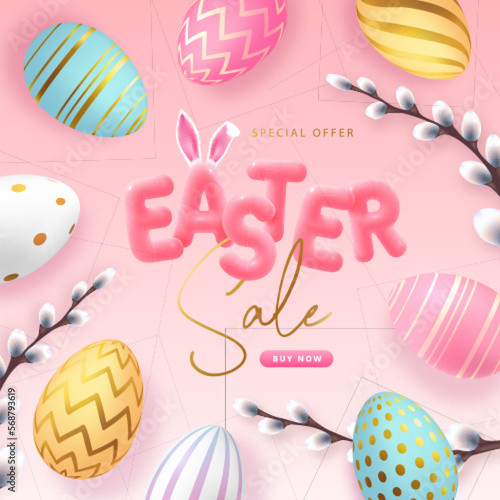 Happy Easter typography big sale poster with colorful easter eggs and willow branch. Greeting card or poster. Vector illustration