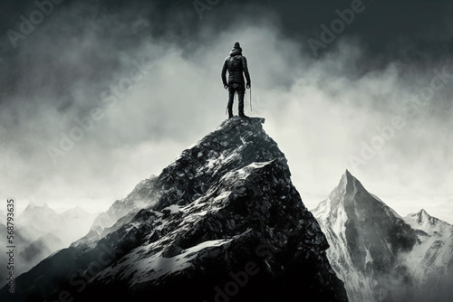 Man Reaching the Summit, man on top of a mountain. Ai generated