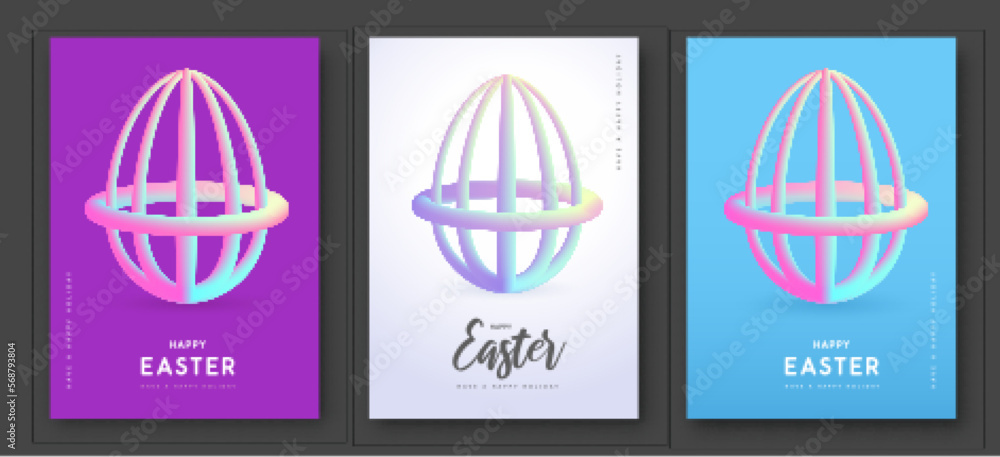 Set of Easter modern covers with flow gradient 3D easter eggs. Set of posters, greeting cards or banners. Vector illustration Set of Easter modern covers with flow gradient 3D easter eggs. Set of posters, greeting cards or banners. Vector illustration