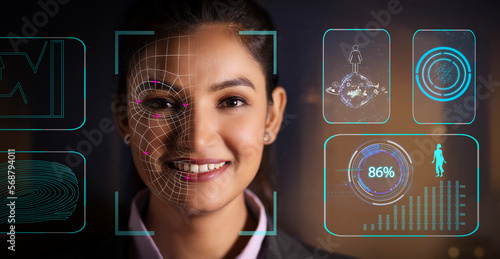 Security biometric retina scanner on woman's eye for face recognition. Artificial intelligence concept. photo