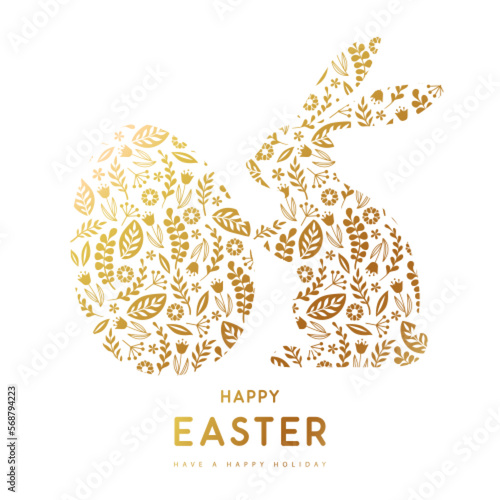 Easter egg and rabbit silhouette with decorative floral ornament. Happy Easter holiday background. Greeting card or poster. Vector illustration