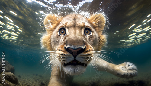 Illustration of a lion underwater, generative ai