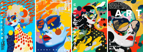 Psychedelic, avant-garde art. Set of vector illustrations. Colorful painting with strokes of paint splashes. Bright background for a poster, media banner, t-shirt print.