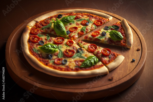 Delicious Italian Pizza on a Wooden Plate and tasty ingredients. Detailed Pizza illustration. Ai generated