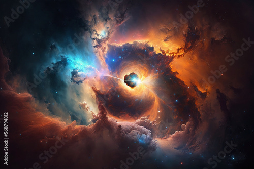 A breathtaking illustration of a space nebula surrounded by galactic dust. Ai generated
