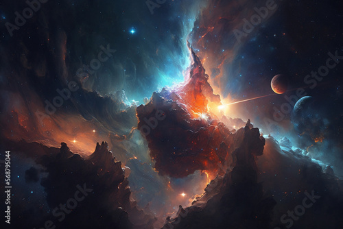 A breathtaking illustration of a space nebula surrounded by galactic dust. Ai generated © twindesigner