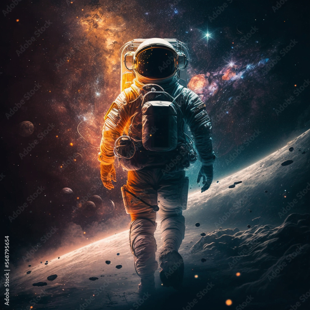 Fototapeta premium A stunning illustration of an astronaut in a suit exploring the depths of space, surrounded by magnificent breathtaking deep space imagery. Ai generated