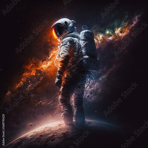 A stunning illustration of an astronaut in a suit exploring the depths of space  surrounded by magnificent breathtaking deep space imagery. Ai generated