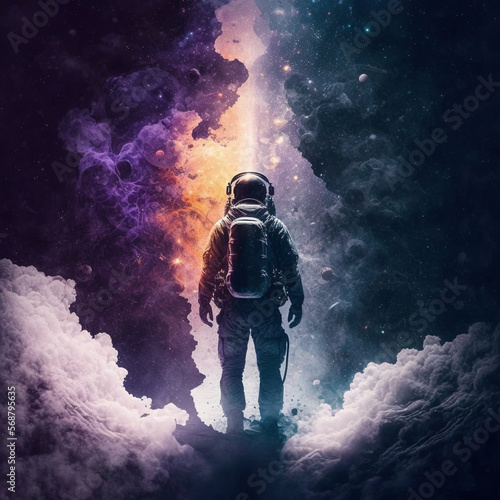 A stunning illustration of an astronaut in a suit exploring the depths of space, surrounded by magnificent breathtaking deep space imagery. Ai generated