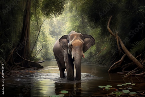 Wilder Elefant lÃ¤uft durch einen Fluss im Dschungel Thailands - Ai generiert. Generative AI