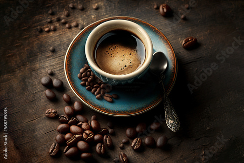 Espresso Coffee Cup With Beans On Vintage Table. Generative IA