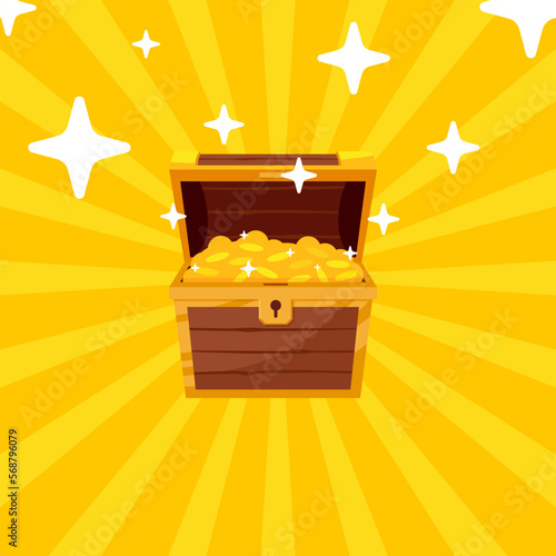 Open mystery wooden chest has a golden coin. Treasure on Yellow background. Precious treasure concept. Vector illustration cartoon flat design.