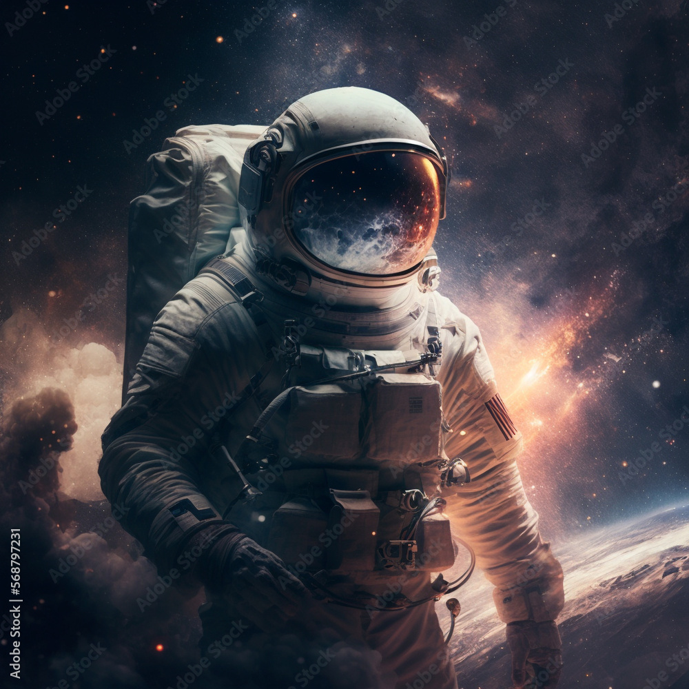 Fototapeta premium A stunning illustration of an astronaut in a suit exploring the depths of space, surrounded by magnificent breathtaking deep space imagery. Ai generated