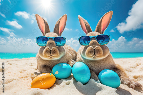 Easter bunnies with Easter eggs on the tropical beach. Easter vacation. Generative AI