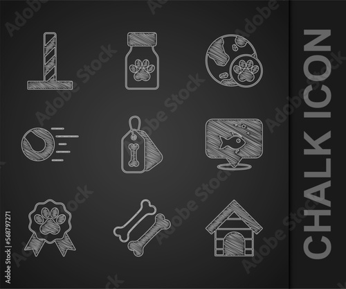 Set Dog collar with bone, house, Fish, Pet award symbol, toys ball, World pet and Cat scratching post icon. Vector