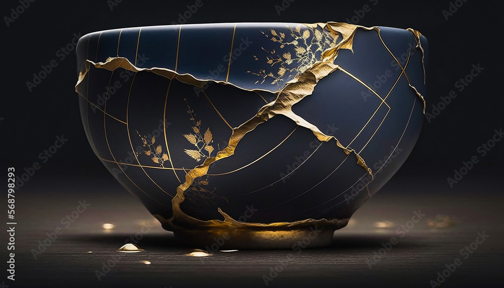 Kintsugi Japanese Gold Repaired Porcelain Bowl Stock Illustration