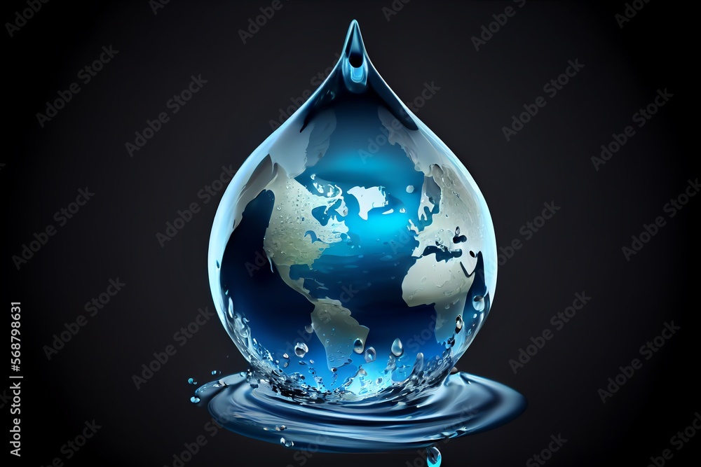 Obraz premium World water day. Realistic drop of water falling on blue sea background. Elements of this image. Generative AI