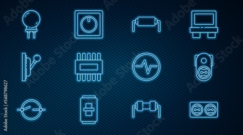 Set line Electrical outlet, Resistor electricity, Processor with microcircuits CPU, panel, Light emitting diode, scheme and light switch icon. Vector