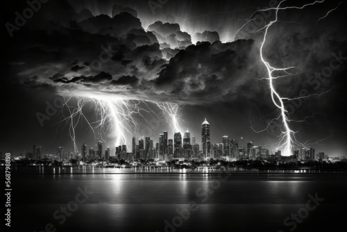 night city skyline with thunder