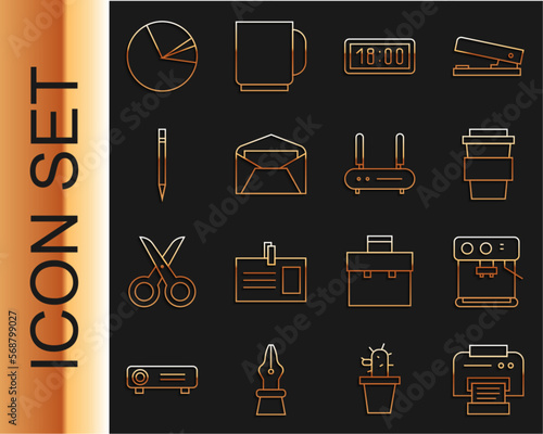 Set line Printer, Coffee machine, cup to go, Digital alarm clock, Envelope, Pencil with eraser, Pie chart infographic and Router and wi-fi signal icon. Vector