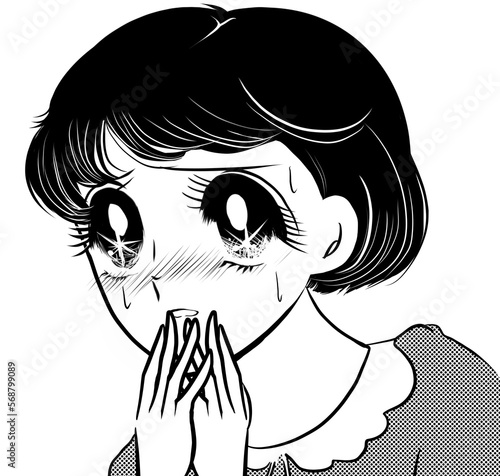 昭和レトロ70年代白黒ペン画少女漫画ゾッとして怯える黒髪の女の子達のホラーイラスト透過背景	