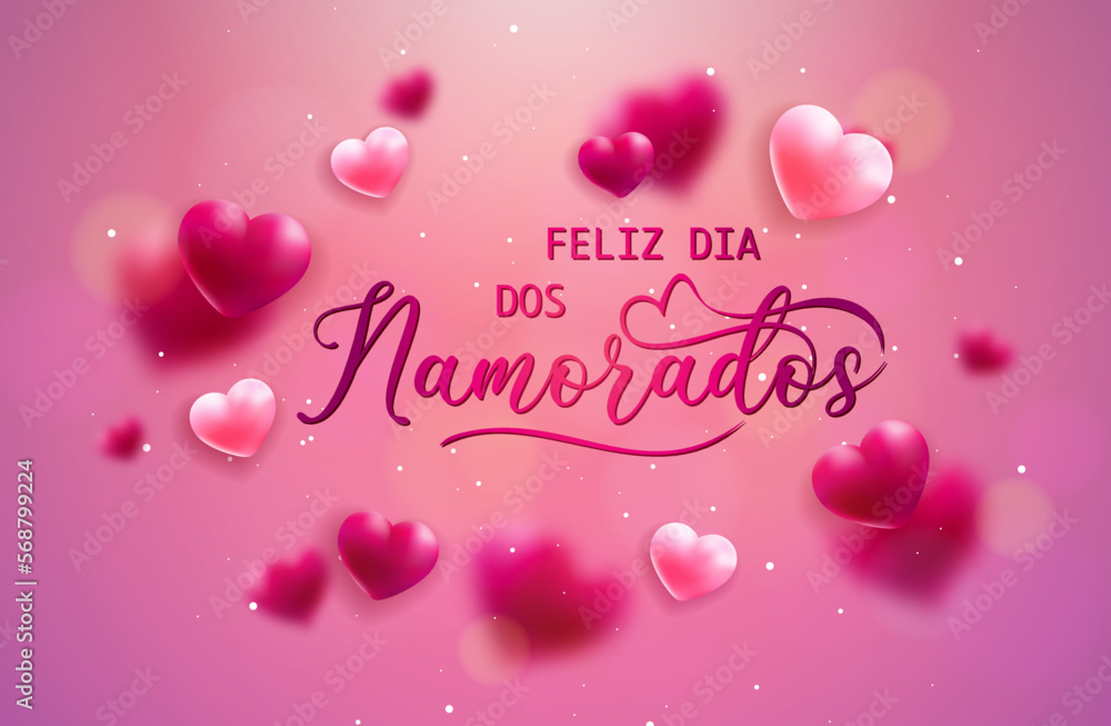 Valentine's Day -2 (Ayuthaya-Beauty Gadish) - PORcartão ou banner para desejar um feliz dia dos namorados em rosa e lilás em um fundo rosa gradiente com corações rosa claro e escuro com alguns em efei