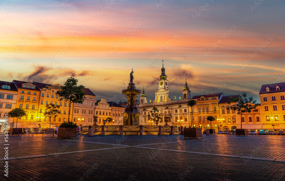 Historic center of Ceske Budejovice at night, Budweis, Budvar, South Bohemia, Czech Republic, Europe.
