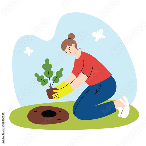 Woman planting seedling, gardening icon, vector doodle illustration of garden bed, shovel and plant, spring and summer scene, working in garden, farming concept, isolated colored clipart
