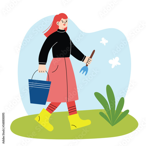 Gardener carrying bucket and rake, garden equipment icon, vector doodle illustration of female farmer, spring scene of woman working in garden, agriculture concept, isolated colored clipart