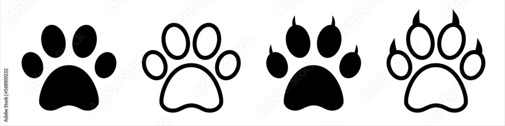 Paw print set. Vector paw print icons. Dog, cat, bear, paw silhouette on isolated background. Vector EPS 10 Paw print set. Vector paw print icons. Dog, cat, bear, paw silhouette on isolated background. Vector EPS 10
