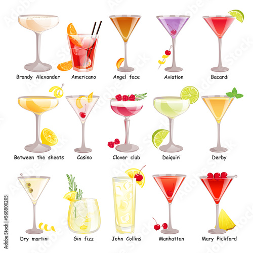 A set of classic official cocktails "Unforgettables". Vector illustration.