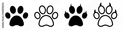 Paw print set. Vector paw print icons. Dog, cat, bear, paw silhouette on isolated background. Vector EPS 10