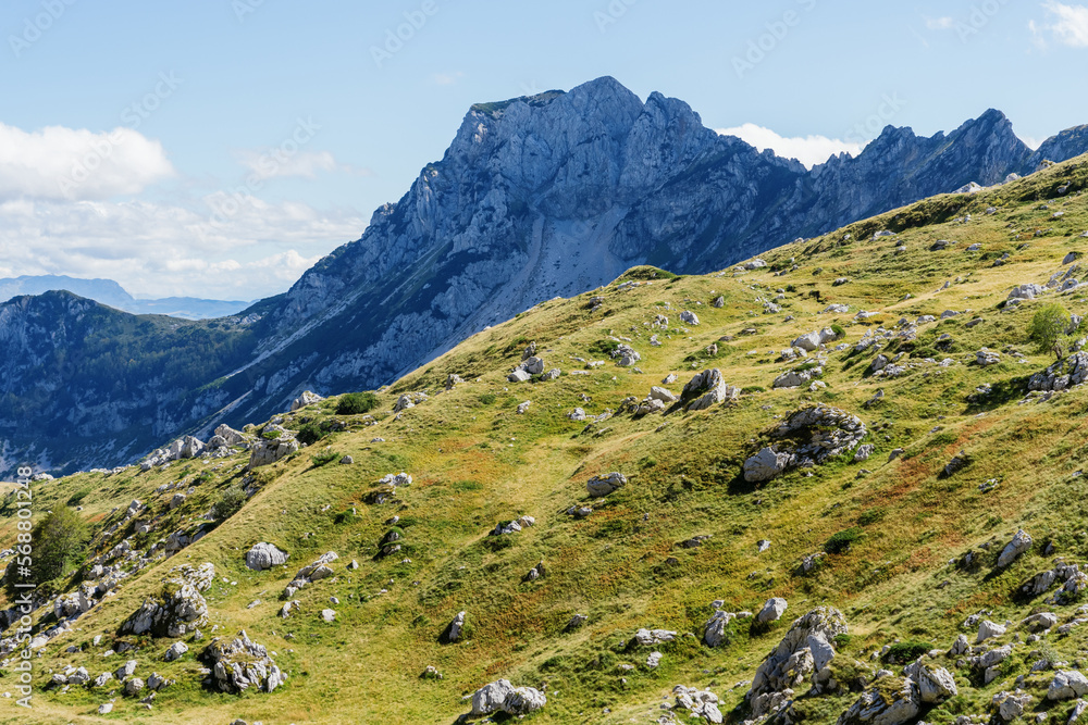 Foothill terrain with grass and old stones, fragments of the mountain range.