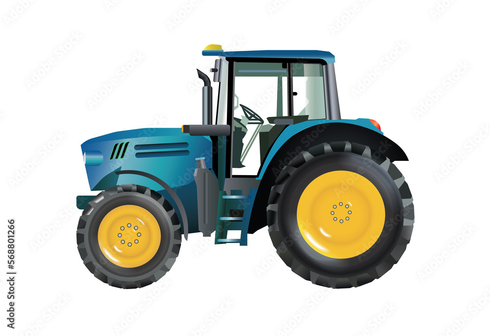 realistic illustration of a blue tractor isolated on white realistic illustration of a blue tractor isolated on white