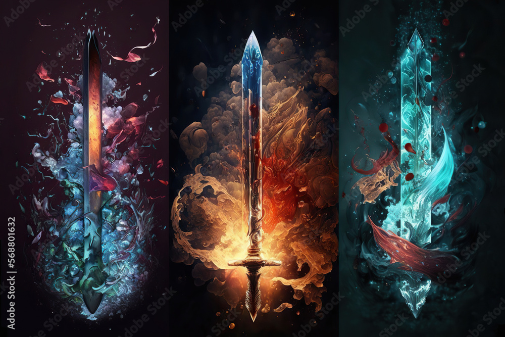 Naklejka premium Three magical fantasy swords of the elements, Generative AI