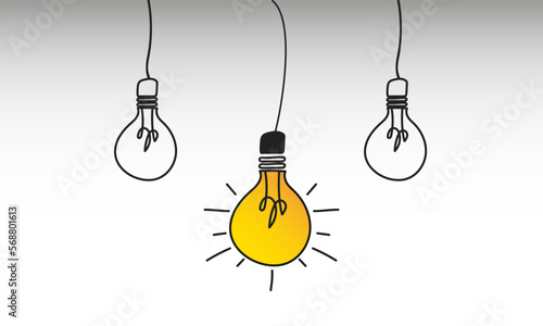 Bulb that differs from a group, on a grey background. Concept ideas, creativity, standing out in a working group. Vector illustration